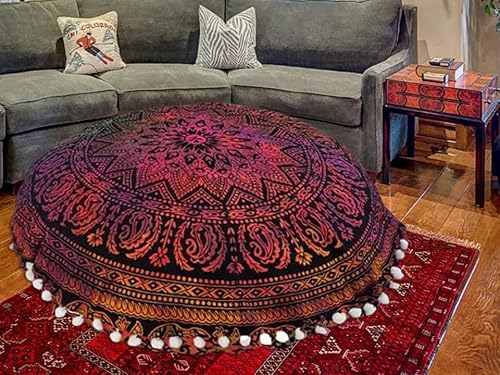 My Dream Carts Throw Floor Pillow Covers 22 Inch Tie Dye Round Pouf Seating Home Decor Flower Printed Indian Mandala Ottoman Cotton Multi Color Meditation Cushion Living Bedroom Pillows (Cover Only) #TOP21
