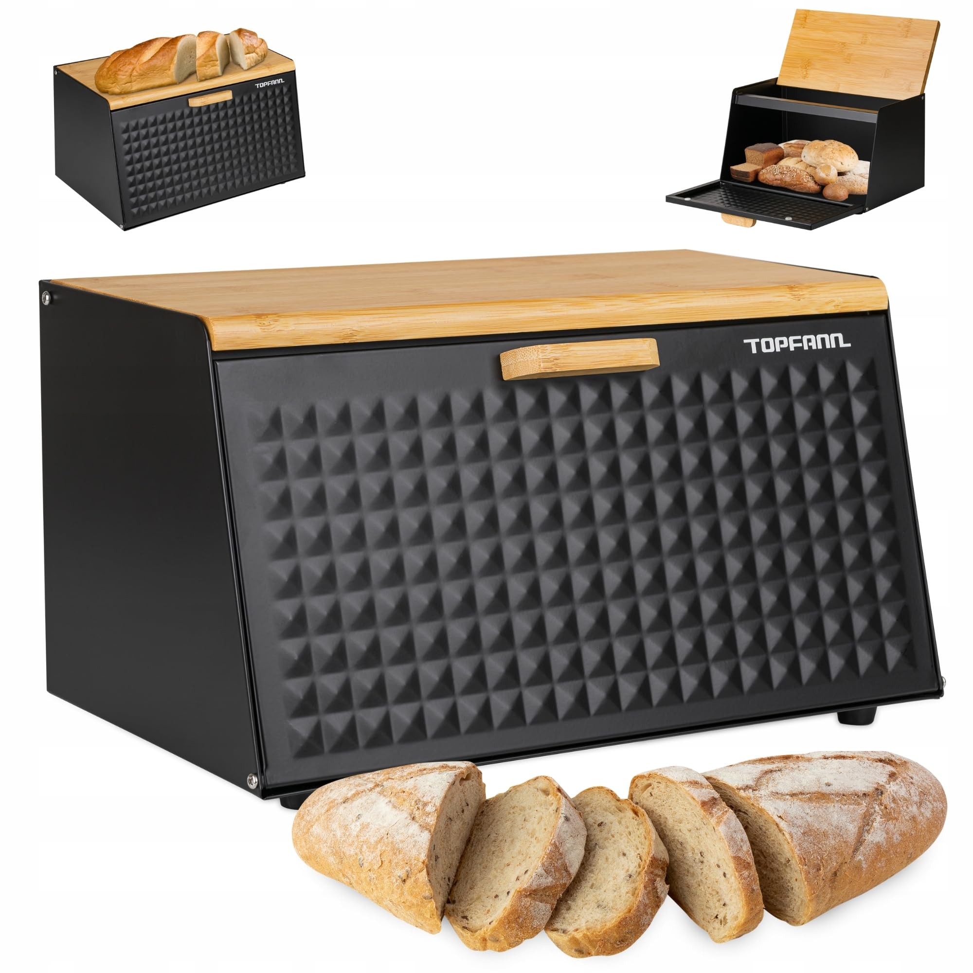 Topfann Black Bread Bin Bread Basket Bamboo Large Bread Container Metal