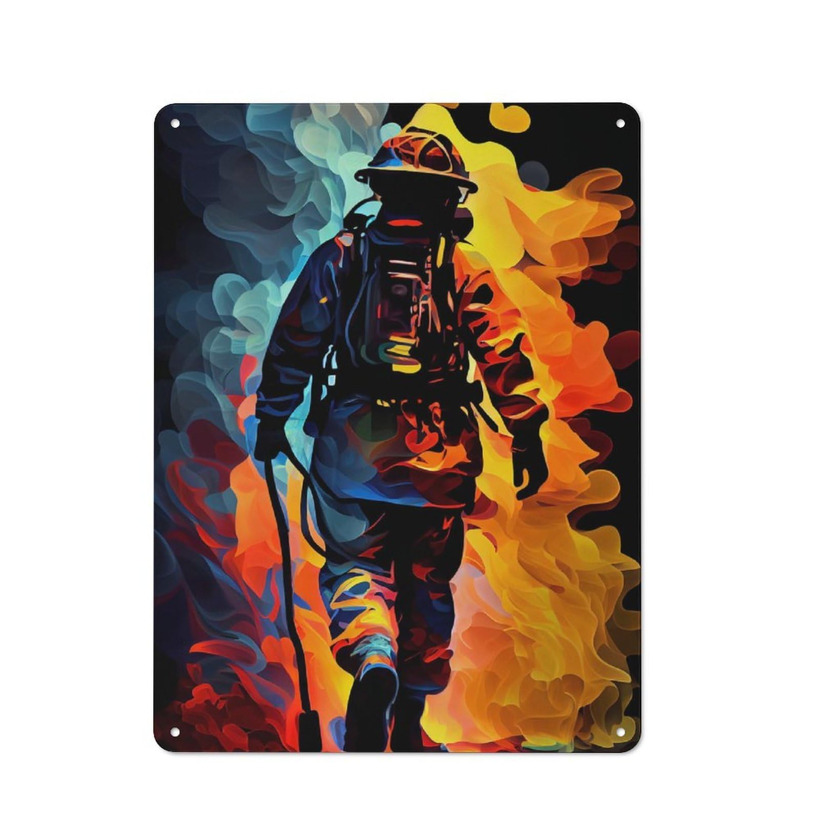 Firefighter Painting Metal Wall Plaque 40x30cm, Simple Retro Office Wall Decor for Office, Study, Studio Or Hallway