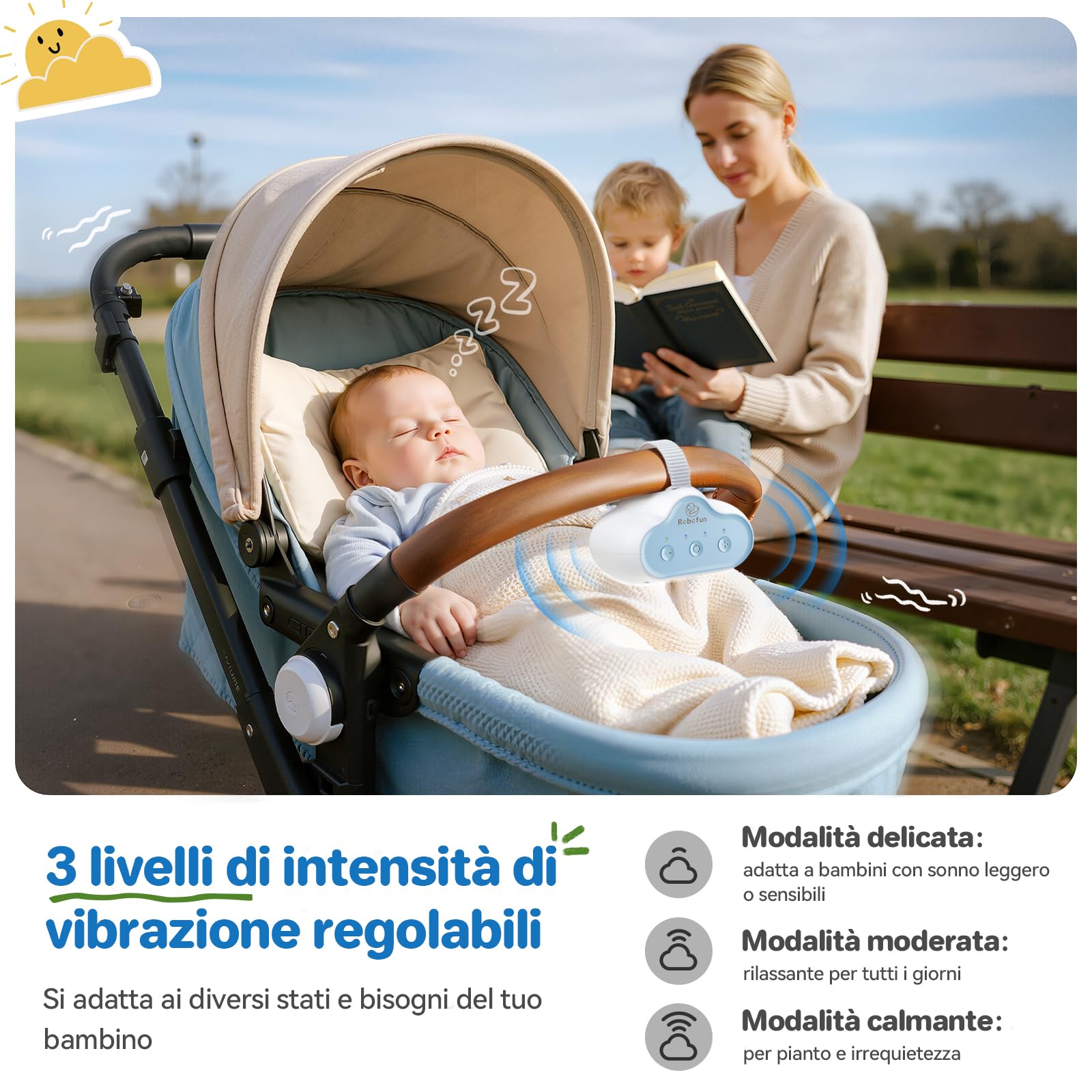 Robofun Passeggino Rocker - 2025 Originale Aiuto a Dormire per Bambini, Dispositivo Automatico Per Cullare Il Passeggino, Timer, Universale