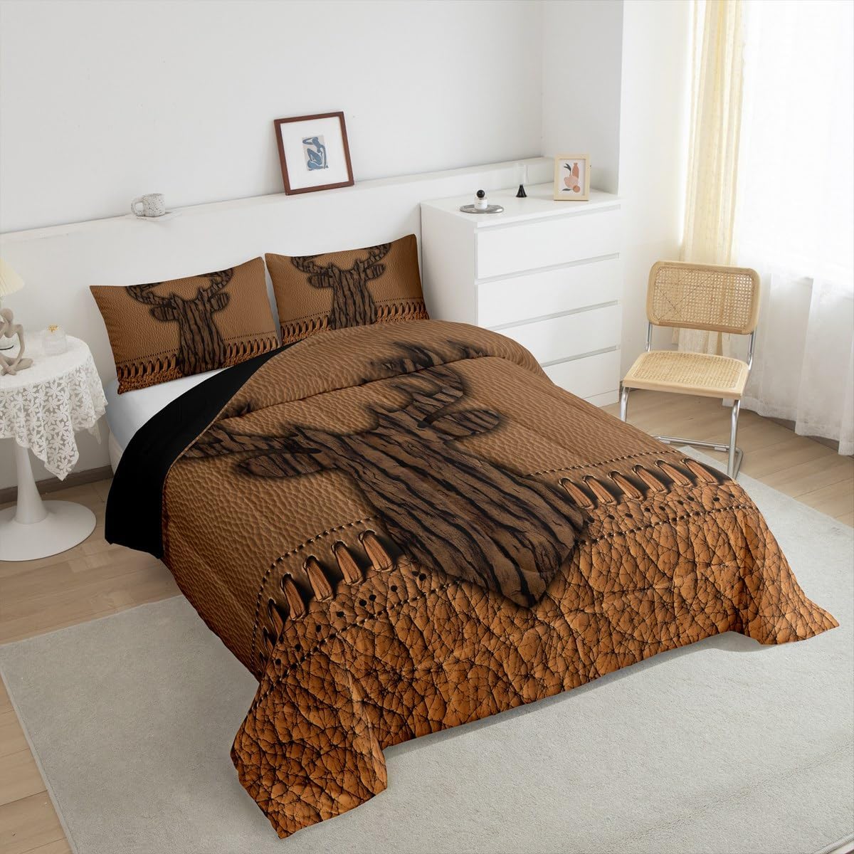 Erosebridal Hunting Deer King Bedding Sets,Brown Patchwork Cowhide Bedding Comforter Sets,Oak Bark Decor Wild Animal Antler Comforter Set for Teen Boys Men,Rustic Farmbouse Quilt Duvet Insert 3 Pcs