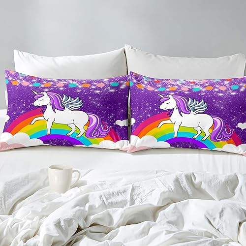 Miniatura 2 de Juego de ropa de cama de unicornio para niñas, tamaño matrimonial, edredón de unicornio de dibujos animados, juego de ropa de cama para niños, lindo