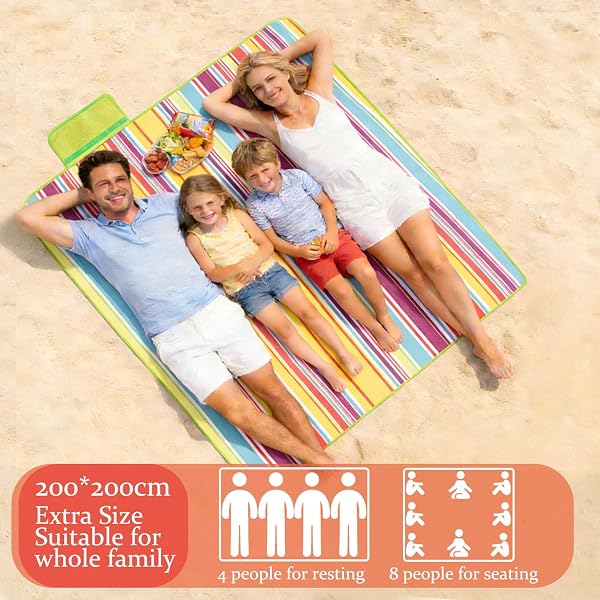 Telo impermeabile picnic 200x200cm,Manta tappeto pic nic Resistente Arena Humedad con Asa,Extra Grande Plegable y Portátil telo picnic grande para Parque Jardín Exterior Playa,Camping(Rayas Colores) - 5