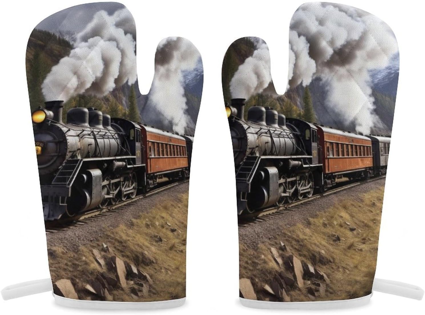 2 Pcs Oven Mitts Heat Resistant Kitchen Gloves Soft Safety Steam Locomotive Train Oven Glove for Microwave, Barbecue