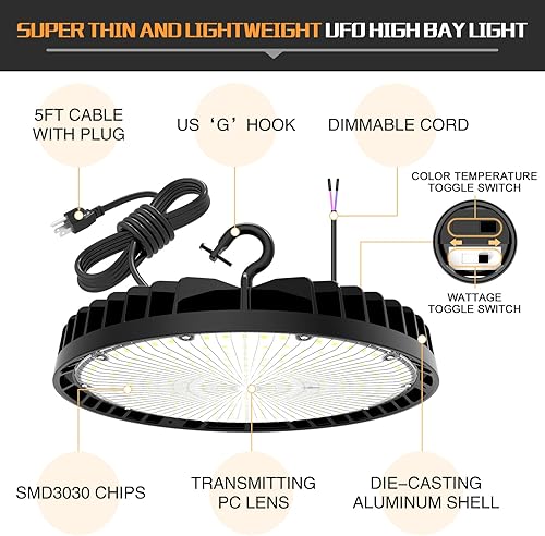 Miniatura 7 de BBESTLED Luces LED de alta bahía 240 W 200 W 150 W ajustables, 33,600LM 140LMW Luces LED de tienda de alta bahía 3000 K 4000 K 5000 K CCT