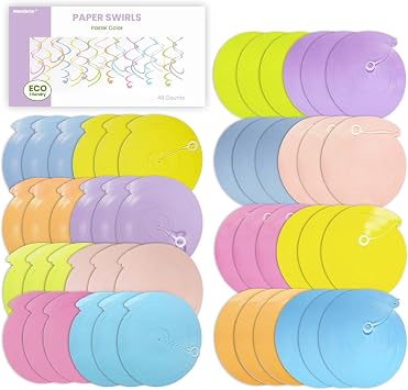 HonuGoGo Pastel Party Decorations, 48 Pc Whimsical Paper Swirl Streamers | Soft Rainbow Hanging Swirls with Hooks for Birthday, Spring, Bridal, Baby Shower, Gender Reveal, Wedding & Princess Parties