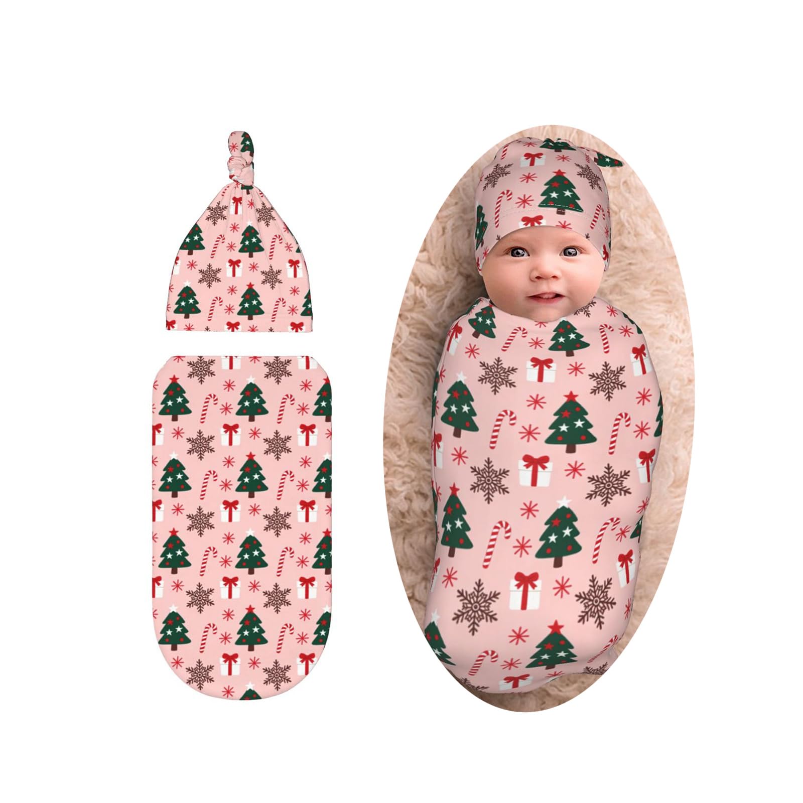 Christmas Swaddle Blanket with Beanie Set, Soft and Stretchy Christmas Tree Snowflake Print Swaddle Blanket for Boy and Girl