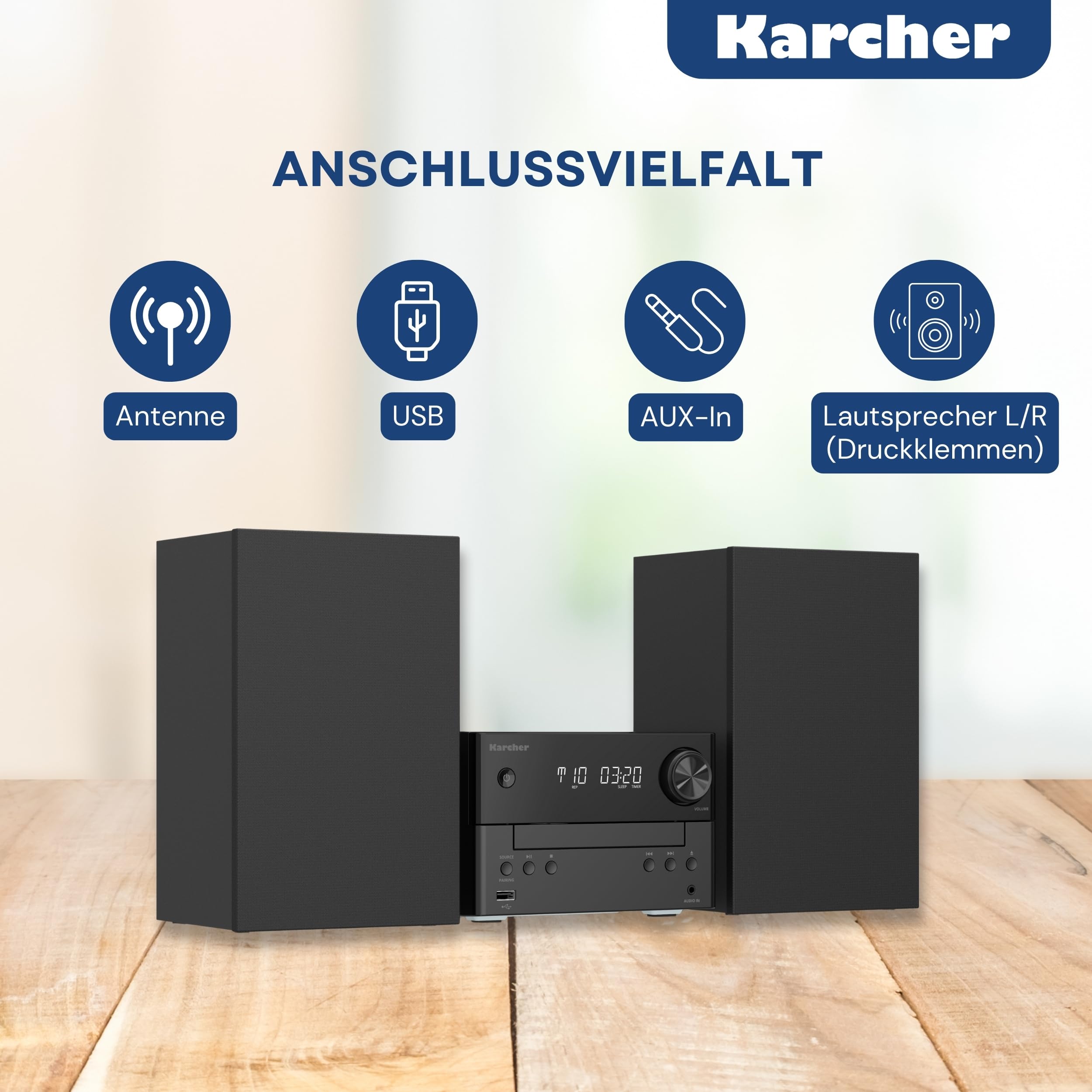 Karcher MC 6475D Stereoanlage Kompaktanlage mit CD-Player, DAB+ / UKW Radio, Bluetooth 5.4, MP3-Wiedergabe via USB/AUX, Musikcenter mit 20 Watt RMS, Wecker & Fernbedienung