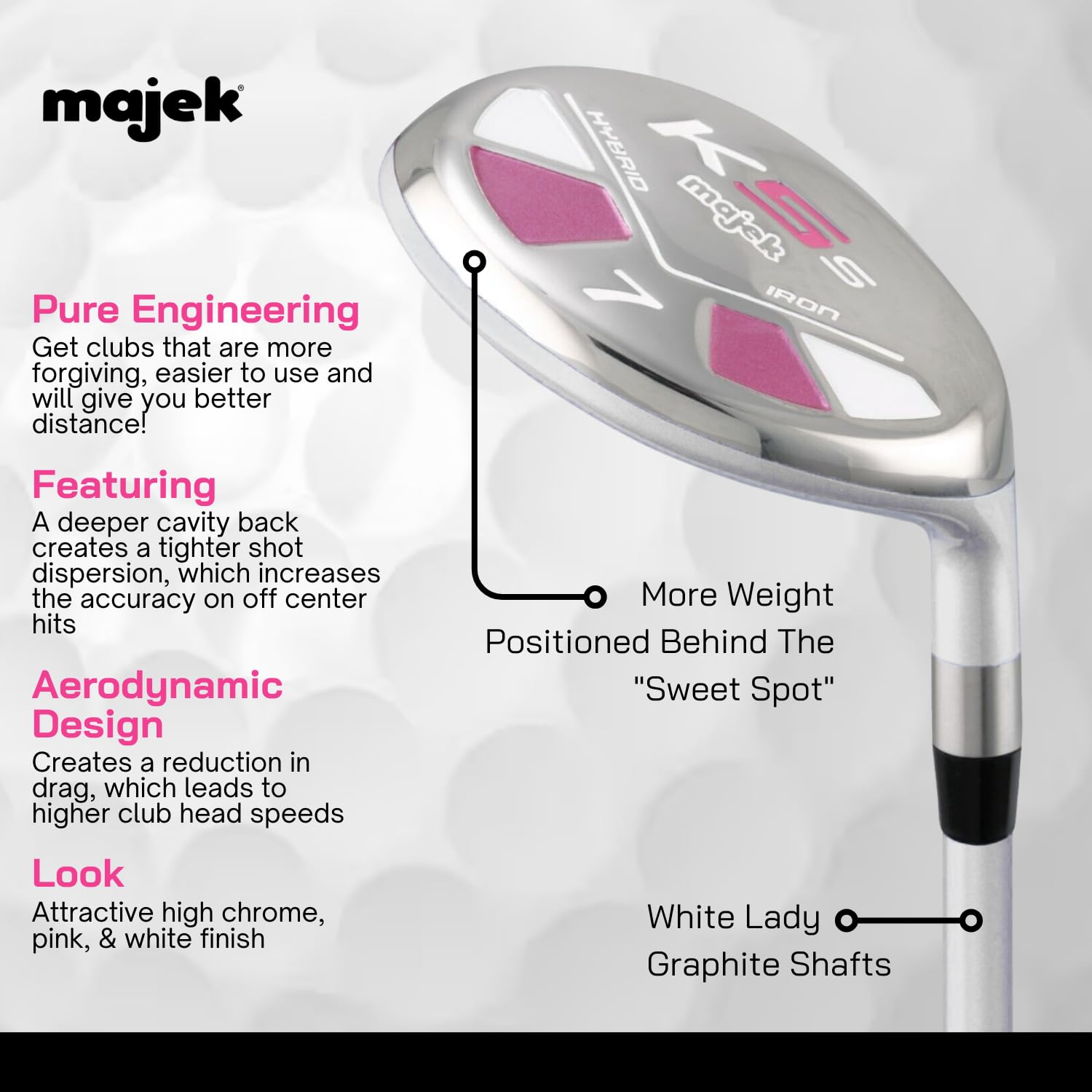 Majek White Pearl - Juego de palos híbridos de golf para mujer mayor, híbridos, ultraligeros, incluye 4, 5, 6, 7, 8, 9 PW SW All Lady Flex Utility Clubs