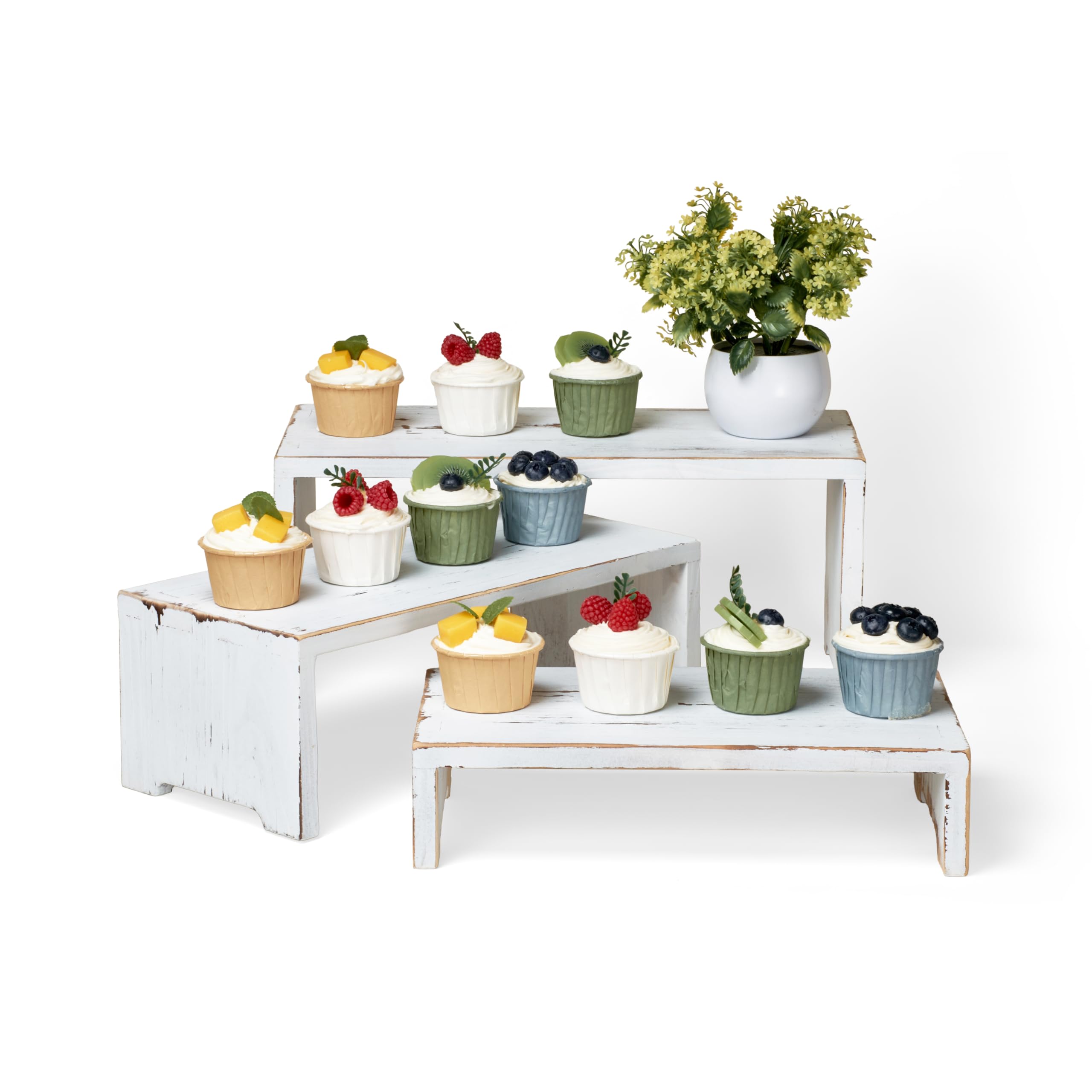 DAOYOUSKY Set of 3 Wooden Rustic Cupcake Stand for 24 Cupcakes, Stepped Wood Display Stand for Weddings, Tiered Party Buffet Table Display Nesting Riser for Food , Dessert, Cookie, Craft Show, White