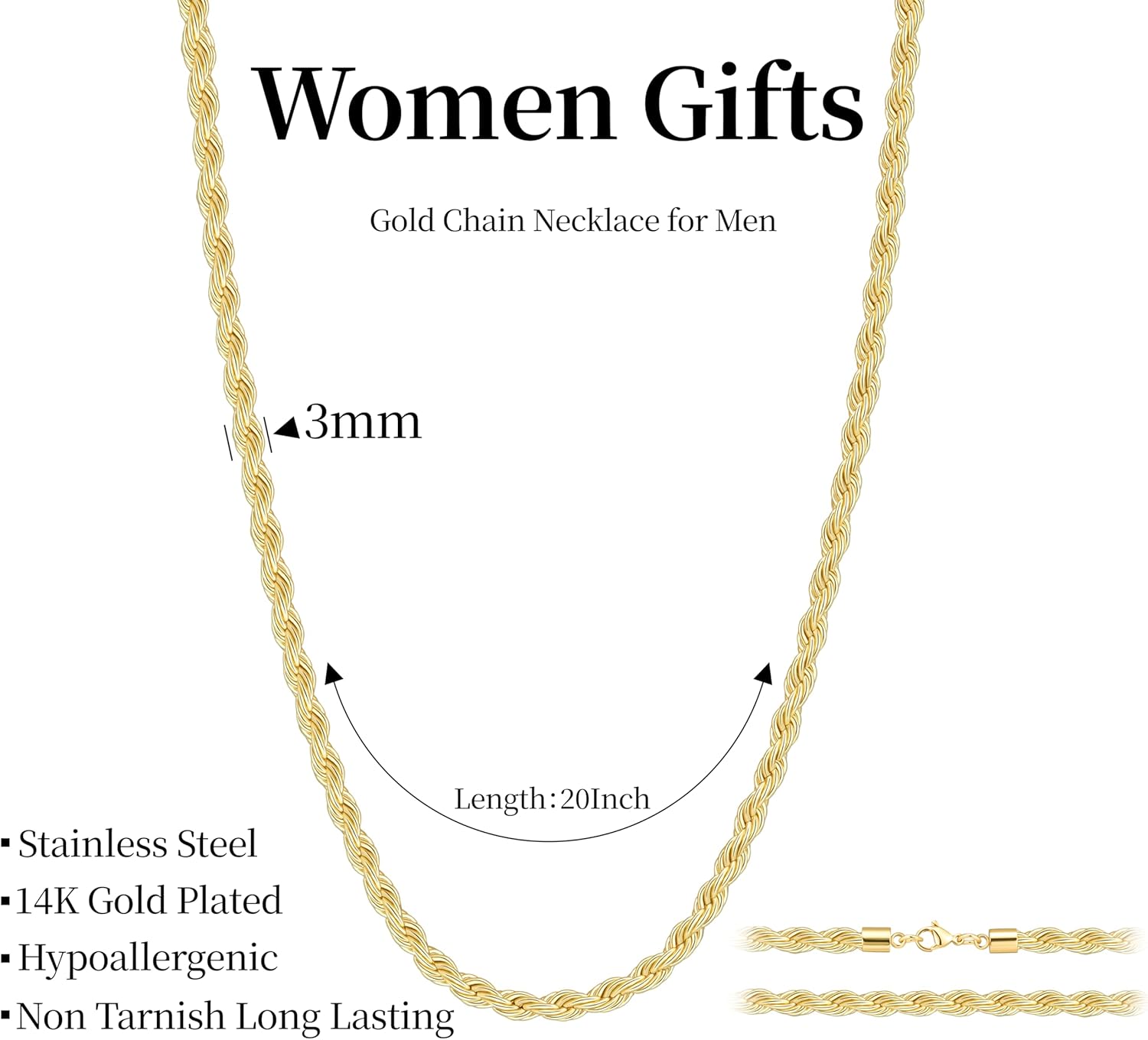 Rope Chain Necklace for Men Women, 316L Stainless Steel Twist Link Chain for Men, Gold Silver Black Tone, Hypoallergenic Waterproof Jewelry Gift for Him Her 3mm 4mm 5mm, 16/18/20/22/24/26 Inch - Image 4