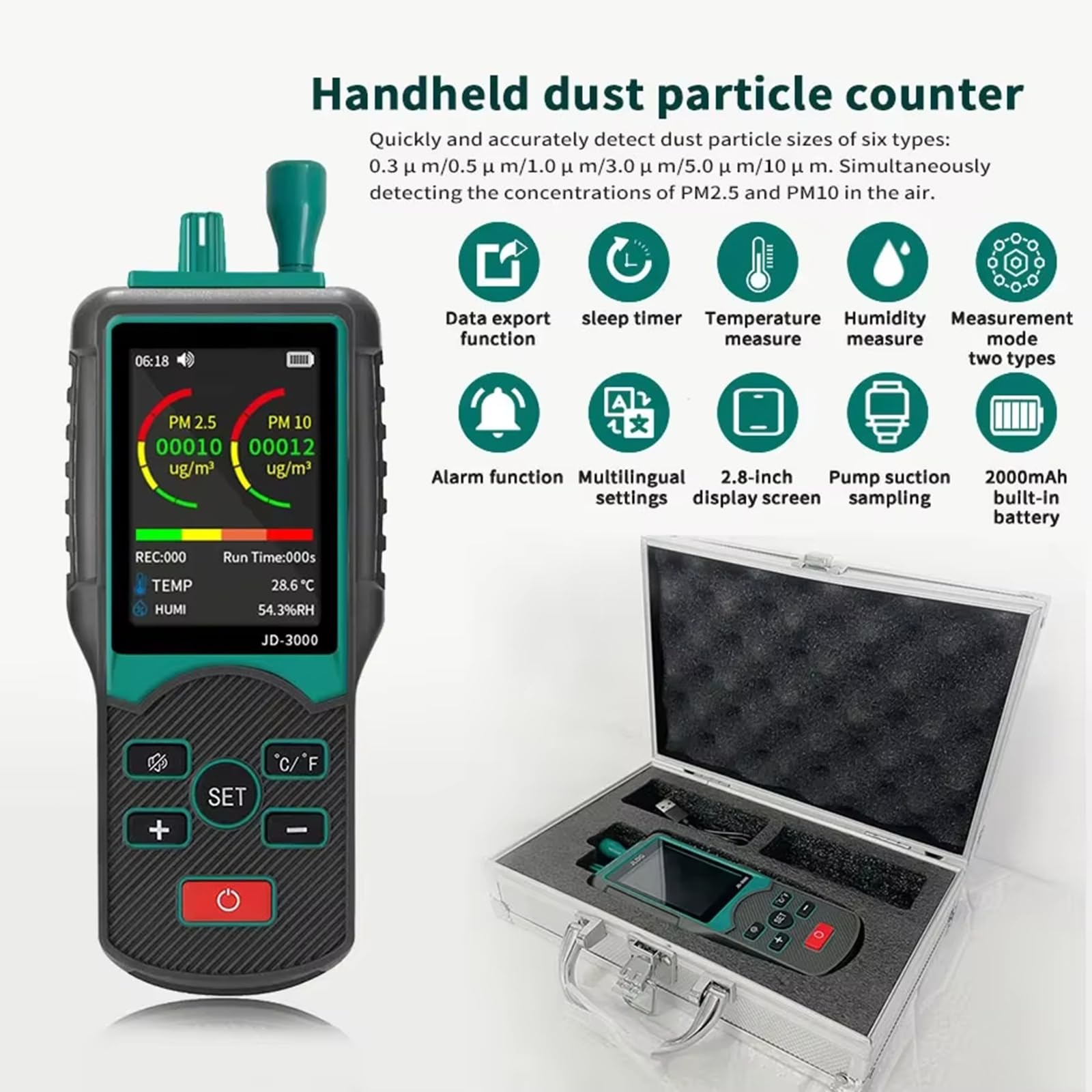 Detector de partículas de aire portátil para partículas de 0,3 μm a 10 μm, evaluación de la salud ambiental con visualización de datos en tiempo real, analizadores de tamaño de partículas