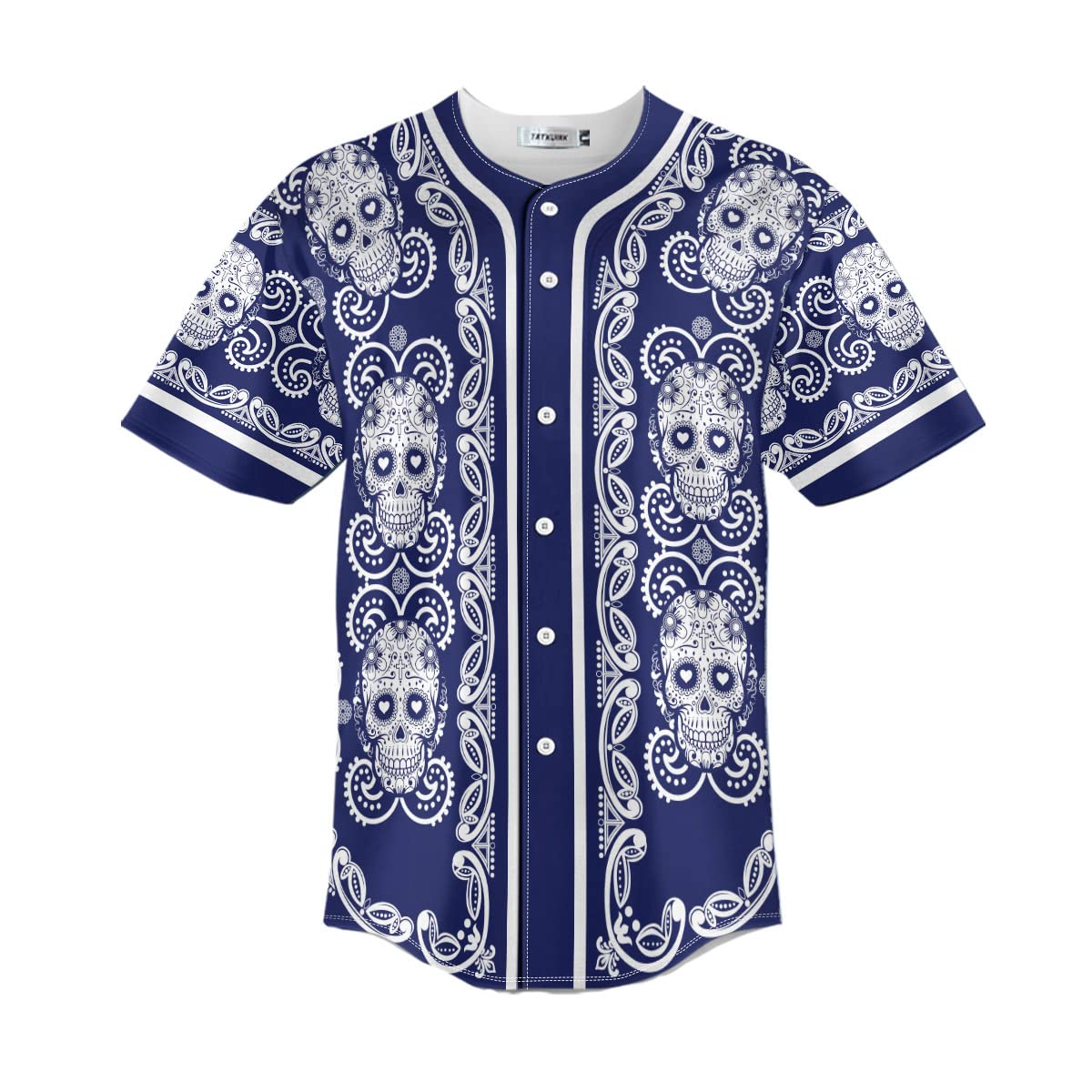 Tatkuink Men's Doodle Floral Pattern of Navy Sugar Skull Short Sleeves Shirt Casual Button Down Top Jerseys Shirt Unisex