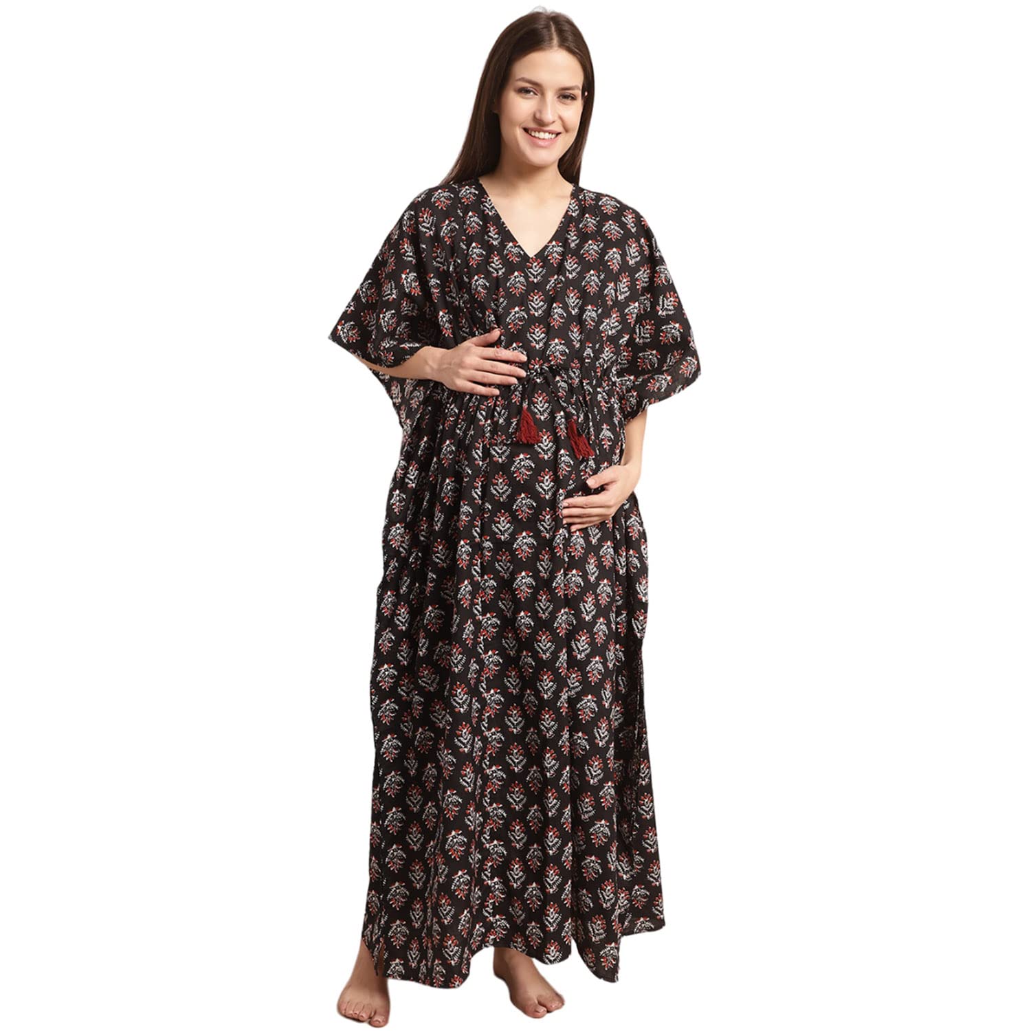 Women's Black Floral Maternity Kaftan Nighty