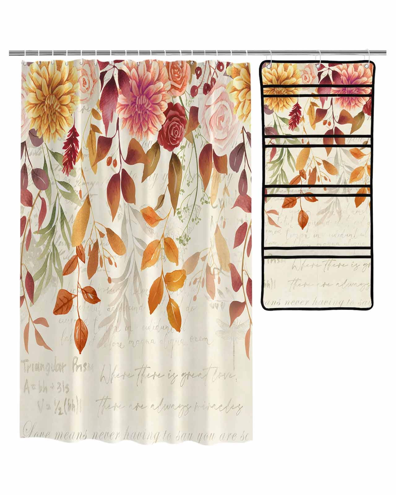 Decorative Shower Curtain Sets Thanksgiving Fall Fabric Waterproof Shower Curtains Vintage Autumn Eucalyptus Leaf Flowers Beige Mesh Shower