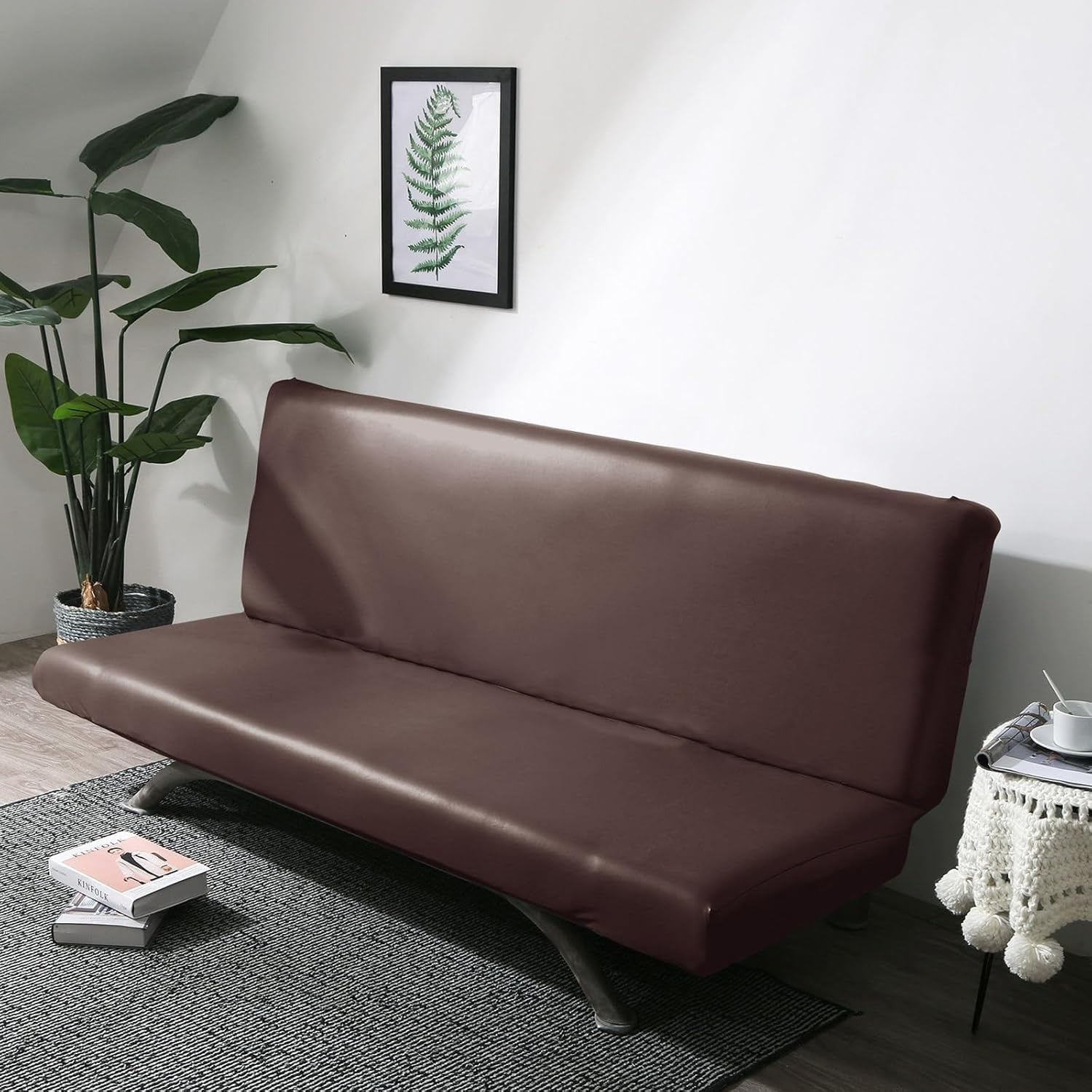 PU Leather Armless Sofa Cover Waterproof Futon Covers Full Size Furniture Protector Sofa Bed Slipcovers for Living Room Brown Small