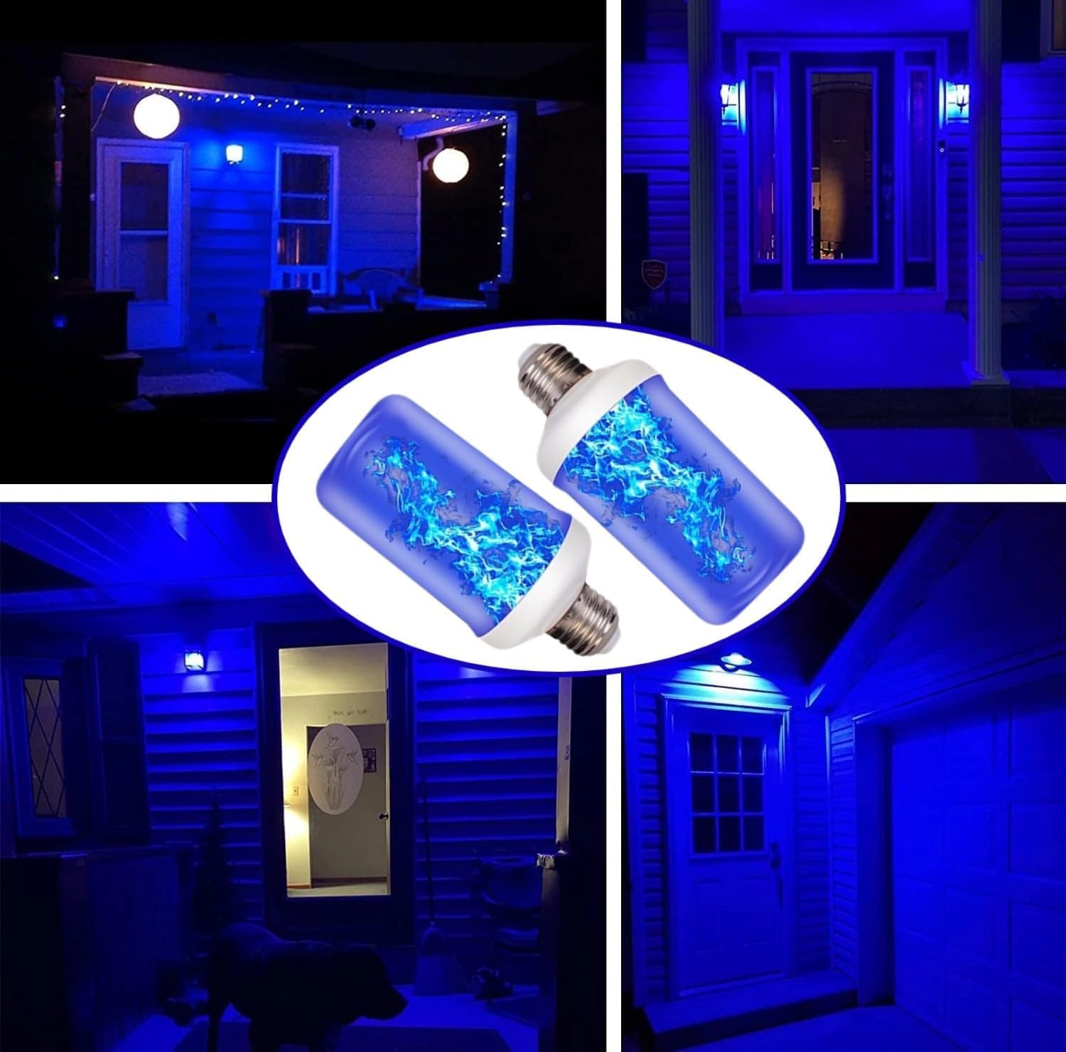 2Pcs LED Flame Light Bulbs, 4 Modes Christmas Flame Bulb, E27 Base Flickering Fire Decorations Lights for Halloween, Party, Porch, Patio Decoration (Blue)