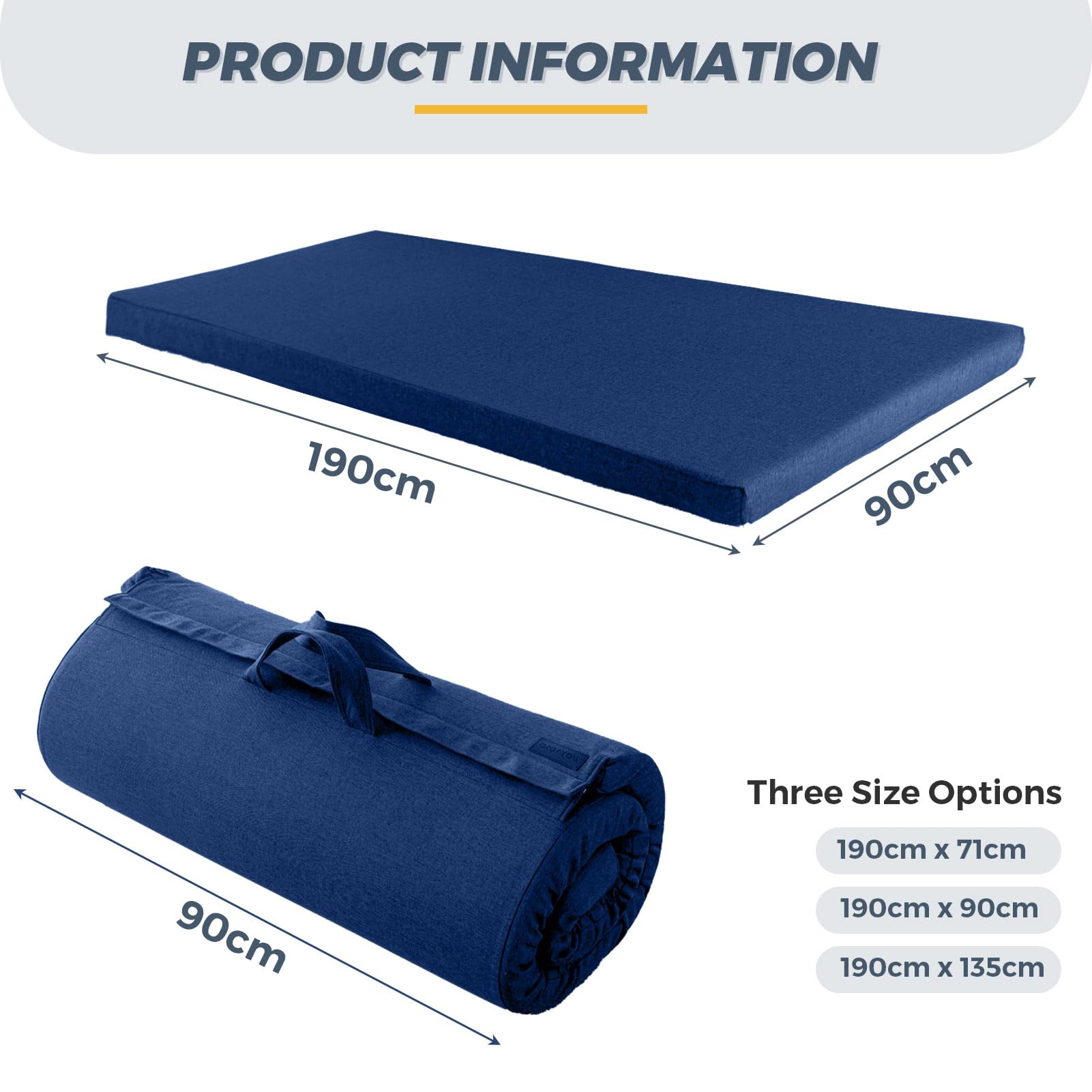MAXYOYO Matelas Futon Portable, Pliable, en Tissu Hypoallergénique et Mousse épaisse, avec Poignée et Fermeture éclair, pour l'extérieur, Le Camping, Les Invités, la Voiture, Bleu Marine, 90x190cm