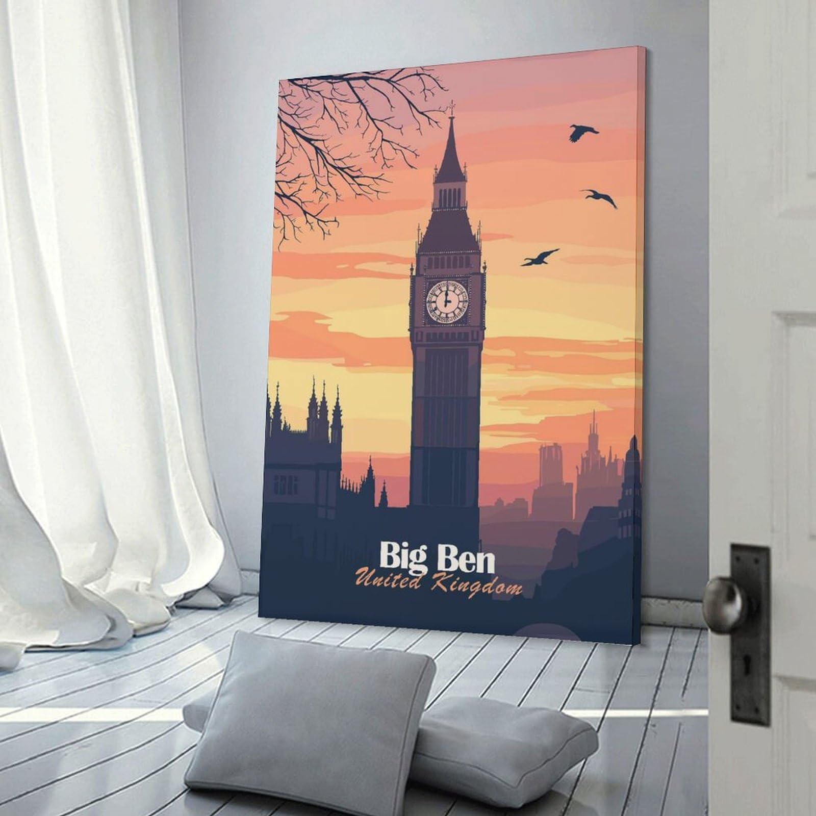 Junmoney Frame-Style-10 Big Ben Sunset Decorative Wall Artwork, 24X36inch(60X90cm), For Home Lounge, Bedroom Or Reading Nook, Eye Catching Artwork For Blank Walls