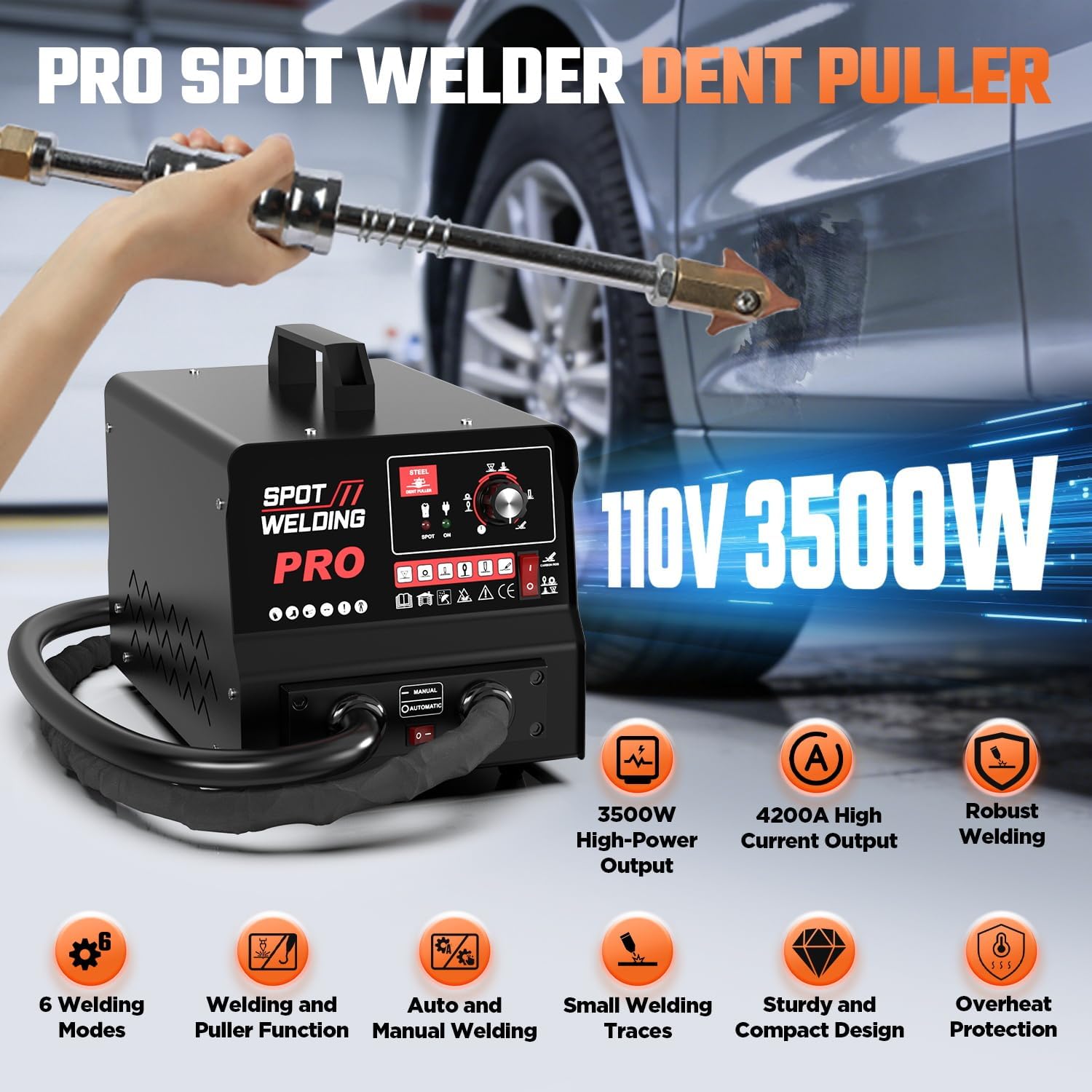 Dent Puller Welder 3.5KW Spot Welder Dent Puller Machine, Auto/Manual Welding, 110V 4200A Auto Body Repair Kit with 6 Welding Modes & Overheat Protection for Car/Truck/Motorcycle