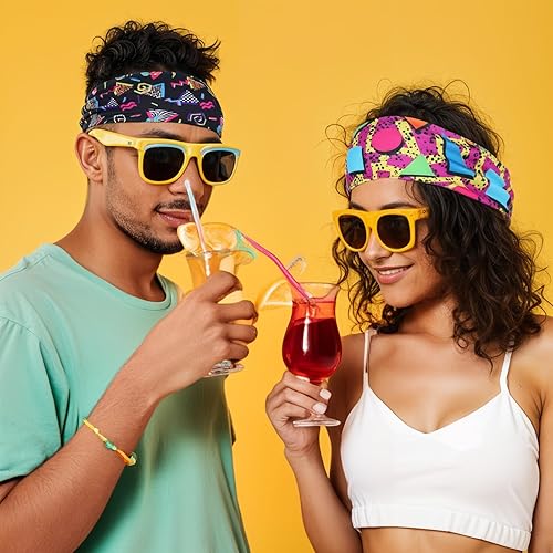 Miniatura 4 de Paquete de 4 diademas vintage de neón de los años 80 y 90, bandas deportivas retro suaves de los años 90, accesorios de atuendo para mujeres y