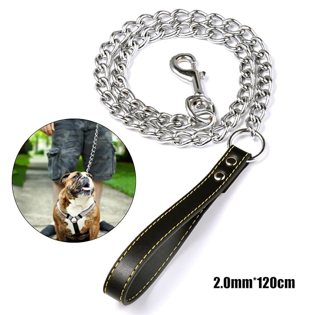 Foto 3 de 6 de Correa para perros de piel y metal, 120 cm, correa de entrenamiento para perros, cadena de alto rendimiento