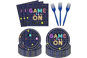 96 PCS Video Game On Party Plates and Napkins, Girls Boys Maze Disposable Tableware Set