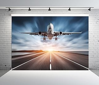 BELECO Airplane Backdrop 10x8ft Fabric Airplane Landing Takeoff Airport Runway Photography Background Blurred Sunset Sky Scenery for Party Decorations Holiday Travel Portrait Shoot Studio Props