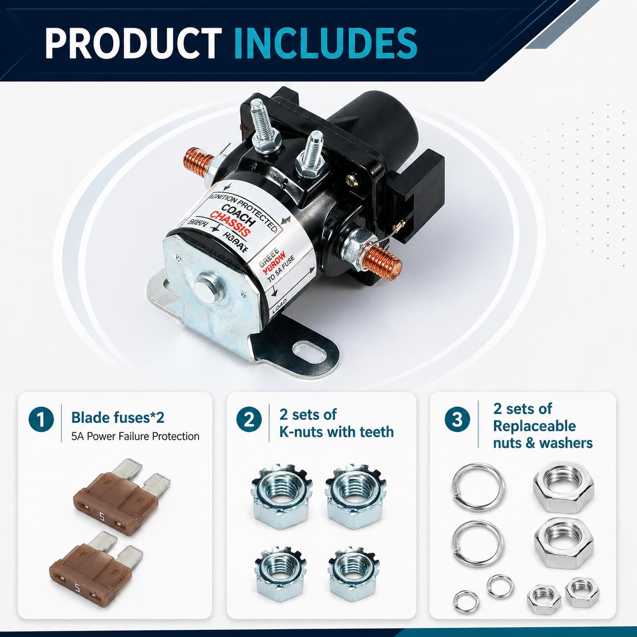 12V/100AMP 0100055000 Battery Disconnect Relay Latching Solenoid Switch for Intellitec 01-00055-000, RV/Automotive/Marine Battery Isolation Solenoid Replace Cut Off Relays with Fuses and Screws