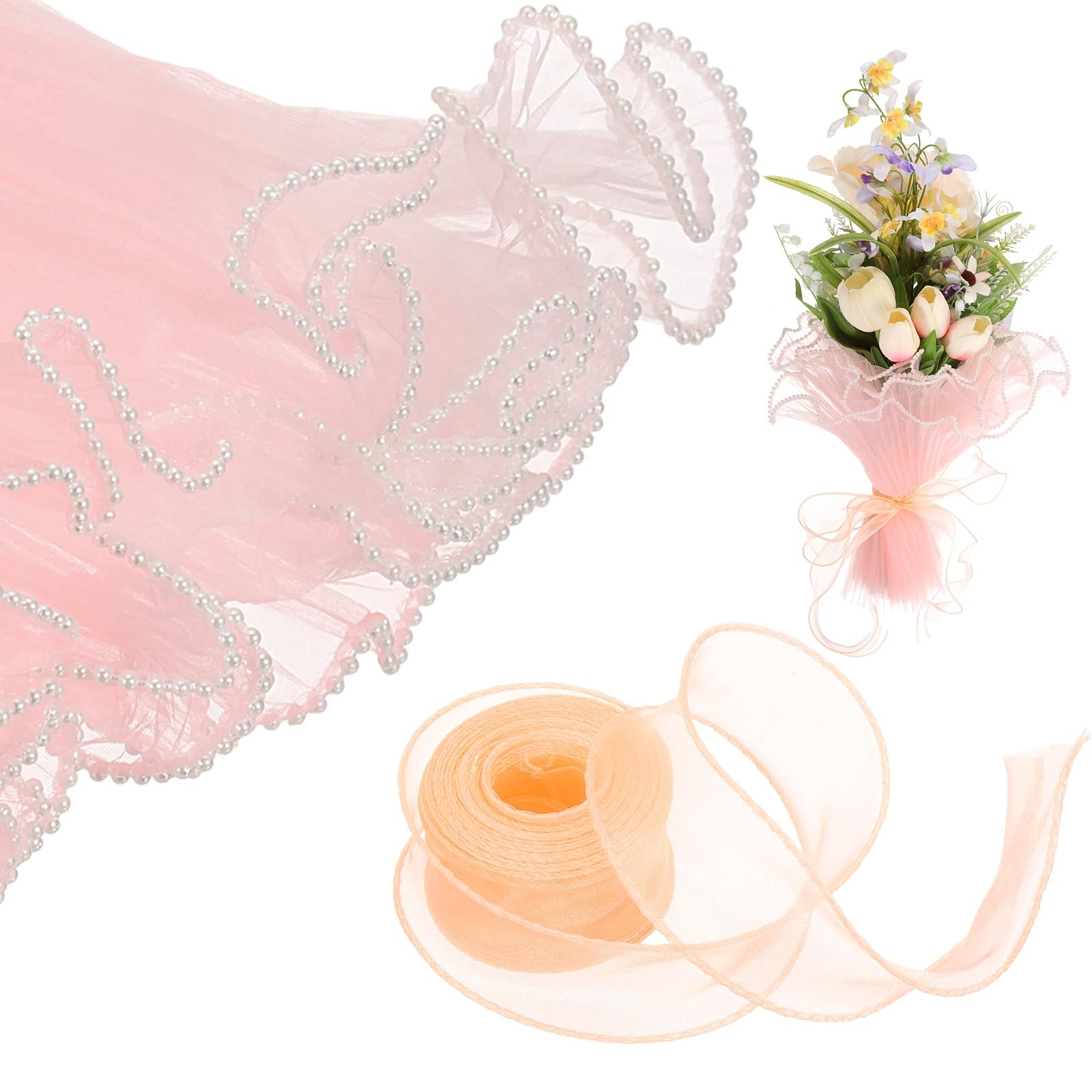 sourcing map 4 Yards Flower Wrapping Mesh Paper Pearl Edge Bouquet Floral Packaging Paper with Organza Ribbon for Valentine's Day Wedding Birthday Florist Supplies, Champagne