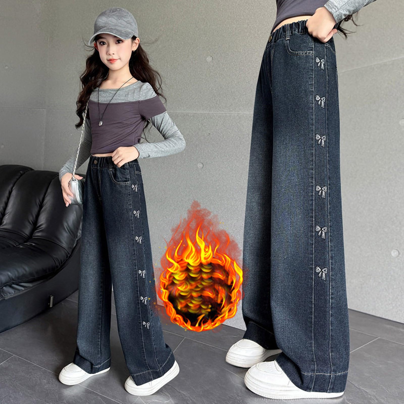 Vaqueros Niña 5-15 Años Anchos Rectos Forro Polar Pantalon Vaquero Adolescentes Chica Elasticos Talle Alto Lazo Vintage Y2K Jeans Pantalones Vaqueros Cargo Denim Baggy Grueso Invierno