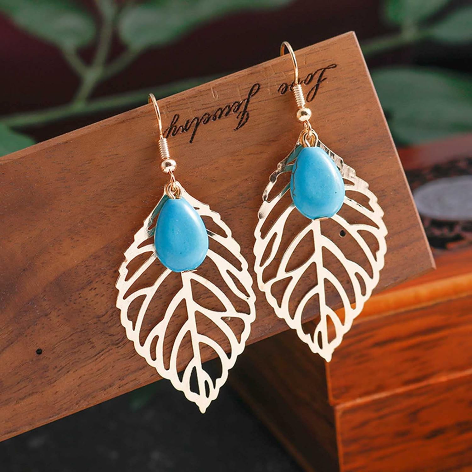YienDoo Boho Turquoise Teardrop Drop Dangle Earrings Big Gold Leaf Drop Earrings Vintage Ethnic Turquoise Stone Hook Earrings Statement Hollow Leaf Dangle Earrings Jewelry for Women - Image 6