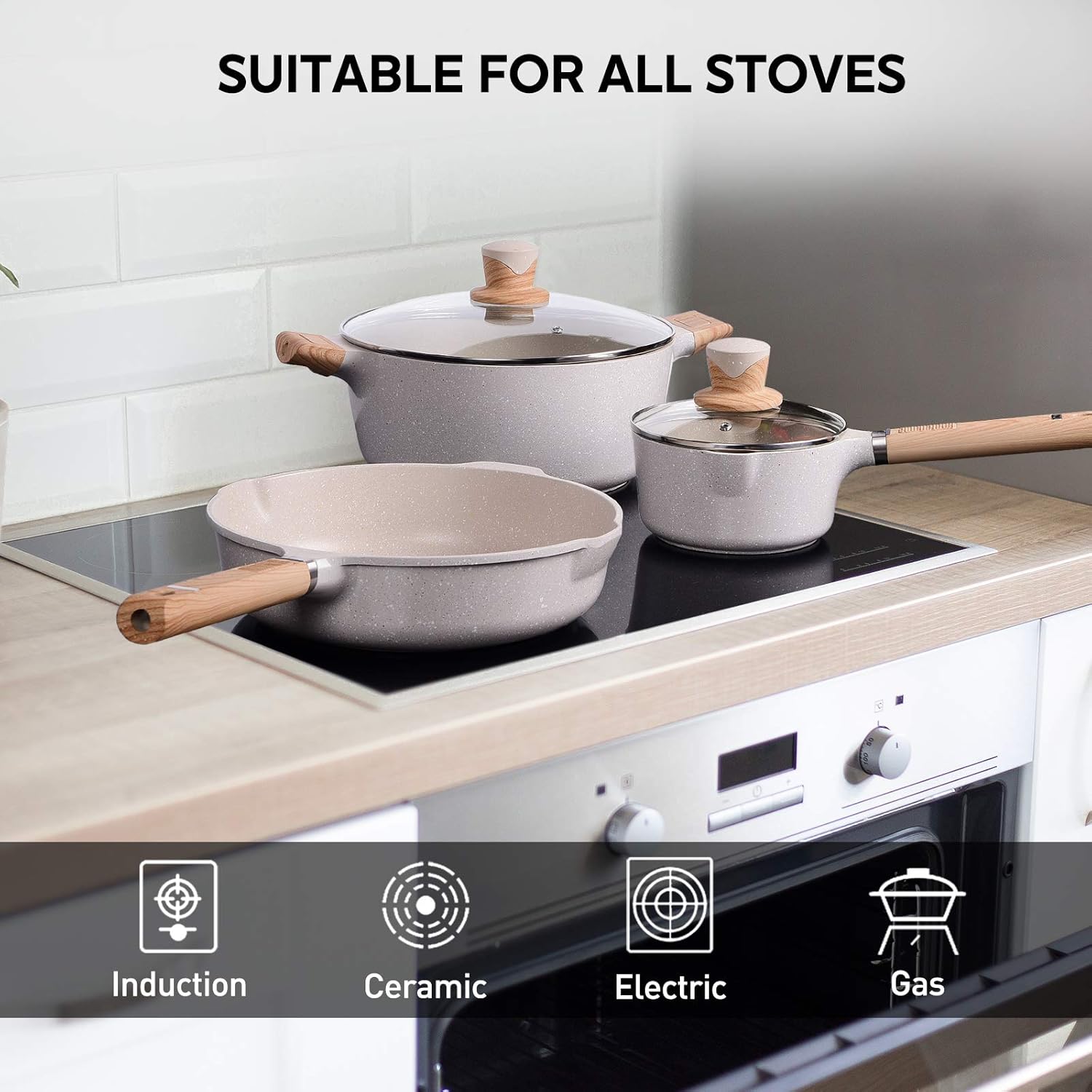 Free Shipping Over $50 YIIFEEO 11 Pieces Cookware Set, Nonstick Pans and Pots Sets, Stone Non Stick Frying Pans and Saucepan Sets with Cooking Spatula & Spoon, Induction Compatible Beige