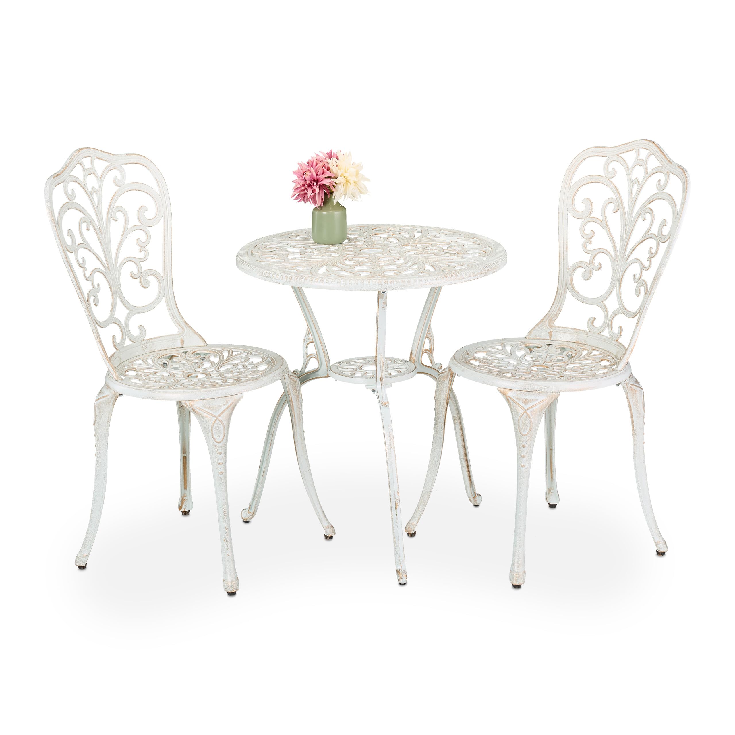Relaxdays Salon de Jardin pour 2 Personnes, Table avec 2 chaises, Fonte d'aluminium, Design Rustique, Blanc et Bronze