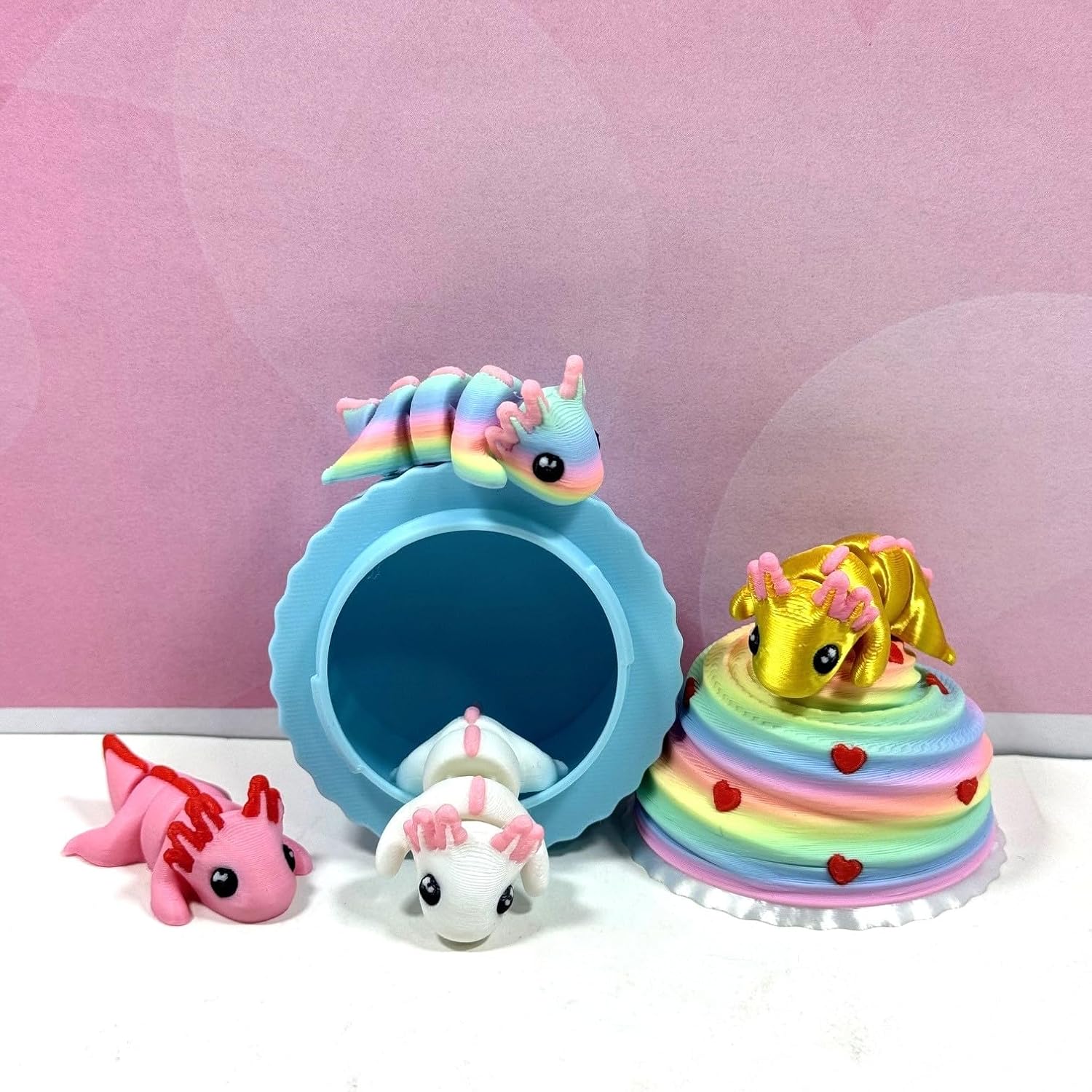 4pcs 3D Printed Articulated Mini Axolotl, 3D Printed Cupcake Container, Colorful Valentines Axolotl Fidget Toy, Mini Axolotl Fidget Toy, Executive Desk Toy, Home Decor MA001-CC-BMAC