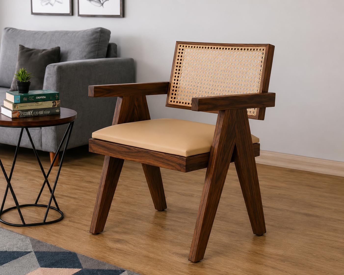 Solid Wood Arm Chair with Cushion and Cane Back Support Chair Living Room Bedroom Home Wooden Armchair Furniture Garden Balcony Outdoor & Indoor (Honey Finish)-image-39
