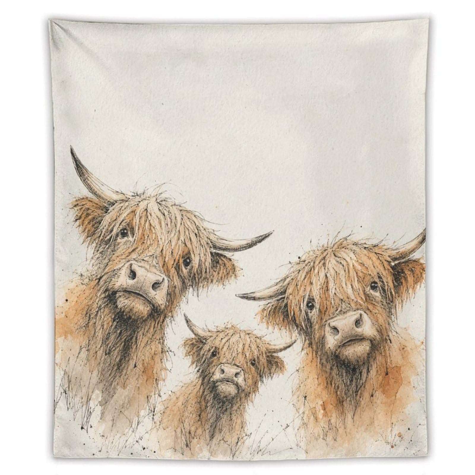 Highland Cow Family Wall Tapestry, Watercolor Style, Rustic Animals