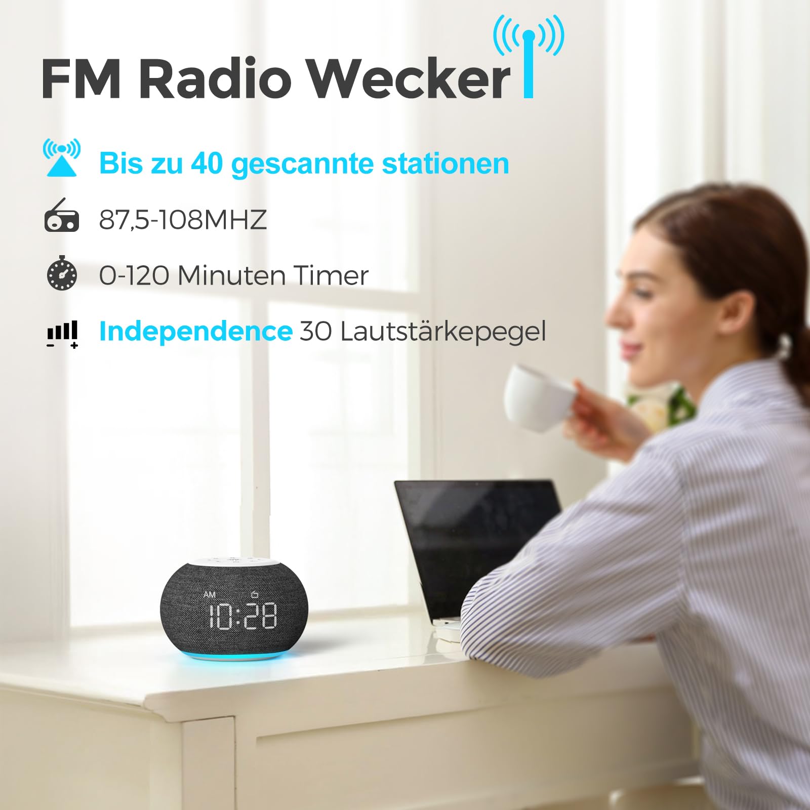 Reacher Réveil Radio à Gradation Automatique pour la Chambre - Veilleuse 9 Couleurs, gradateur 0-100%, 7 sonneries d'alarme, Radio FM, minuterie d'arrêt Automatique