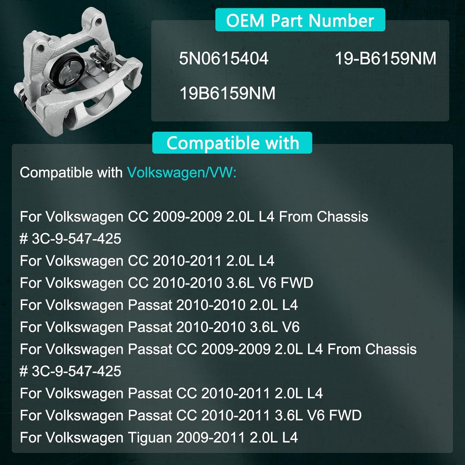 5N0615404 Rear Disc Brake Caliper Assembly (2.0L 3.6L) with Bracket For Volkswagen CC 2009-2011, Passat 2010, Passat CC 2009-2011, Tiguan 2009-2011 Rear Right Passenger Side 19B6159NM 19-B6159NM
