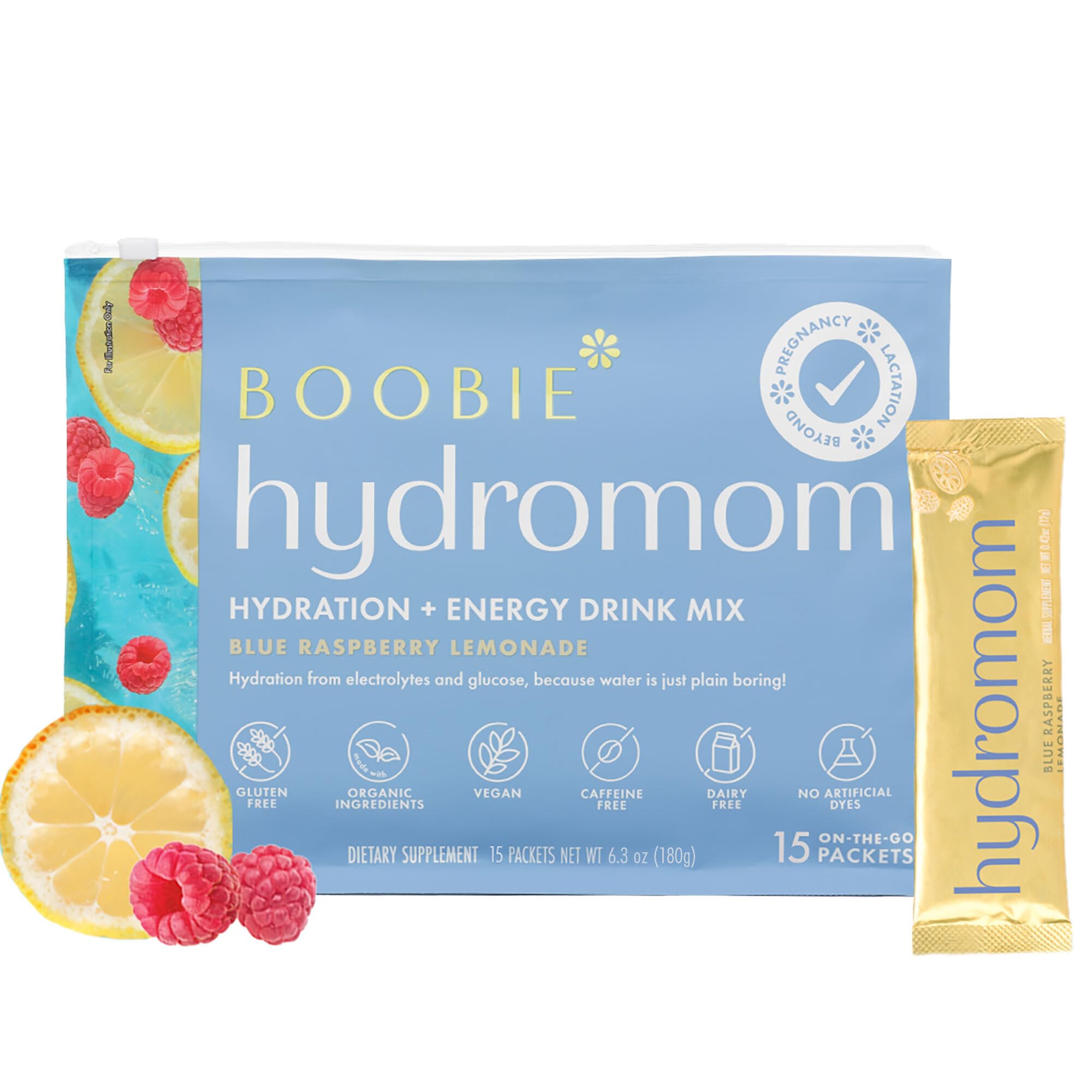 Boobie Hydromom Superfood Electrolyte Drink Mix, Blue Raspberry Lemonade | Refreshing Energy & Hydration Boost for Mamas | On-The-Go & Travel Essentials for Pregnancy, Lactation, & Beyond, 15 Packets