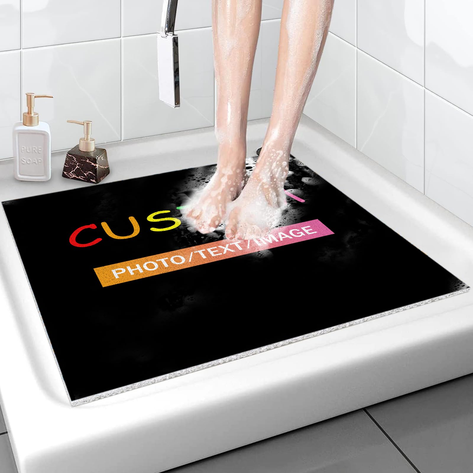 Custom PVC Loofah Bath Mat Personalized Add Your Own Logo Image Text Photo Shower Mat Non Slip for Shower and Bathroom, Quick Drying 20x36