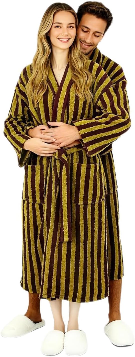 Plush Striped Robe for Women Men, Winter Fuzzy Fleece Long Bath Robe, Plus Size Warm Nightgown Sleepwear