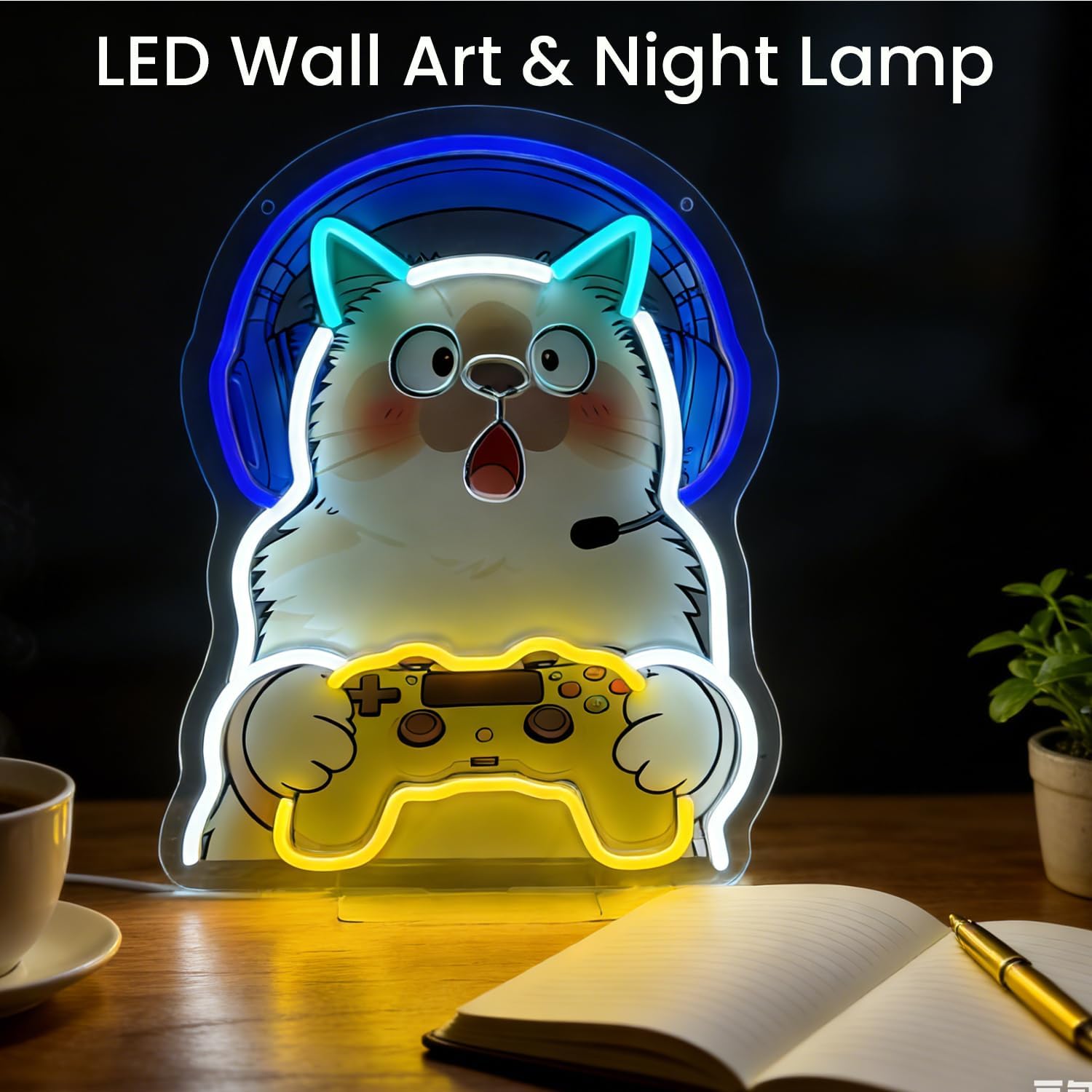 Game Cat Neon Sign Gaming Cat Light Up Signs Lighted Gamer Neon Signs with Base for Bedroom Dorm Garage Man Girls Cave Home Bar Theater Game Living Room Wall Tabletop Decor Art Gifts