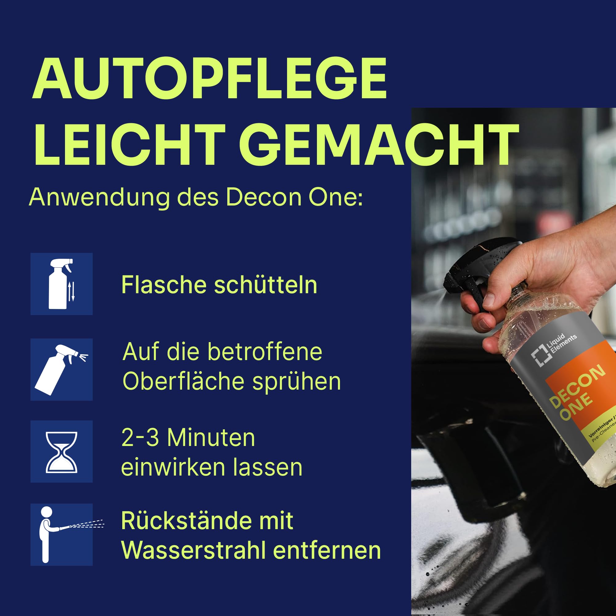 Liquid Elements Decon One Set 3-tlg., 1L + Waschhandschuh & Tuch, Teer | Flugrostentferner Auto, Vorreiniger, materialschonend & pH-neutral, entfernt Öl, Flugrost & Schlamm