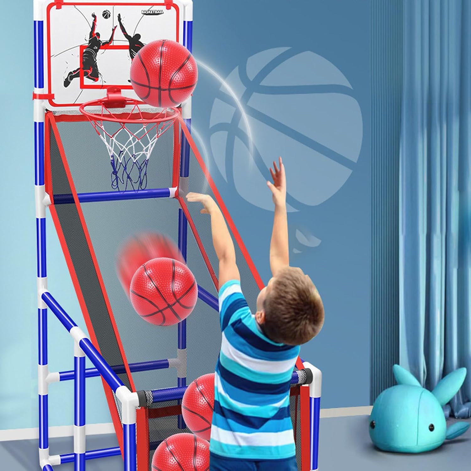 Basketball Game Set Automatic Ball Return and Storage System Mesh Base Easy Storage Basketball Play Toy with 4 High Bounce Silent Balls and Portable Air Pump for Boys Girls