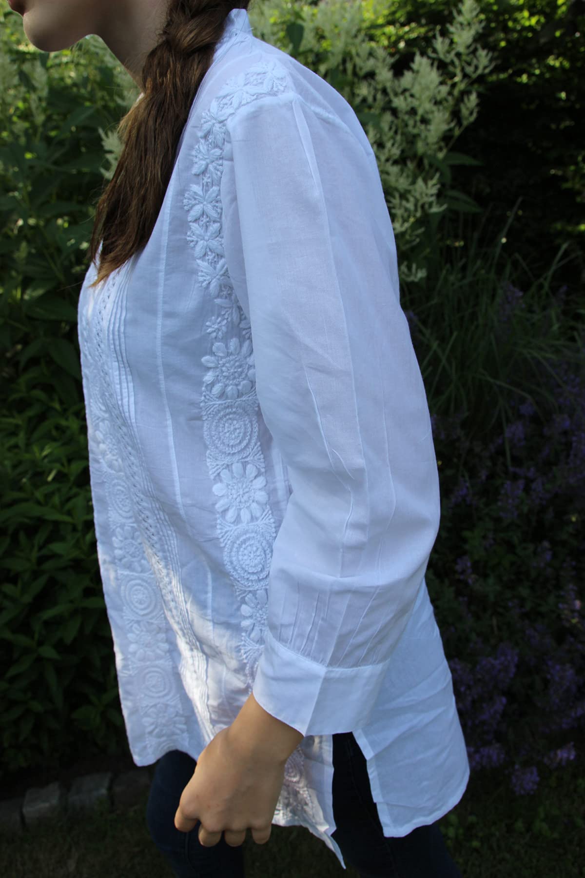 Kurti Bluse Top Tunika Baumwolle weiß handbestickt