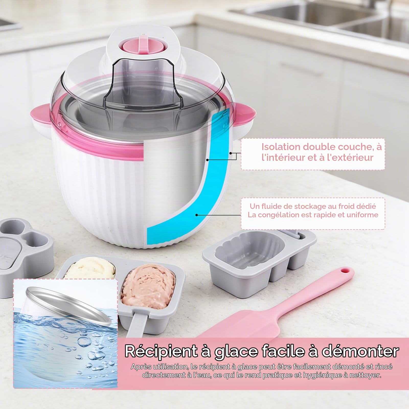 Sorbetiere, Sorbetière 1,65 L à Deux Vitesses Réglables pour la Préparation de Glaces Sorbets et Yaourts Glacés Machine à Glace 2 en 1 à Double Isolation pour la Préparation de Boissons Fraîches