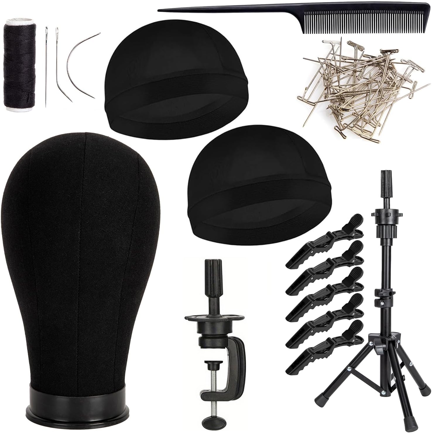 Mannequin Canvas Head with Wig Stand for Making Display, Cork Canvas Block Head with Wig Caps, Canvas Mannequin Head with T Pins Set Hair Styling Practice Display