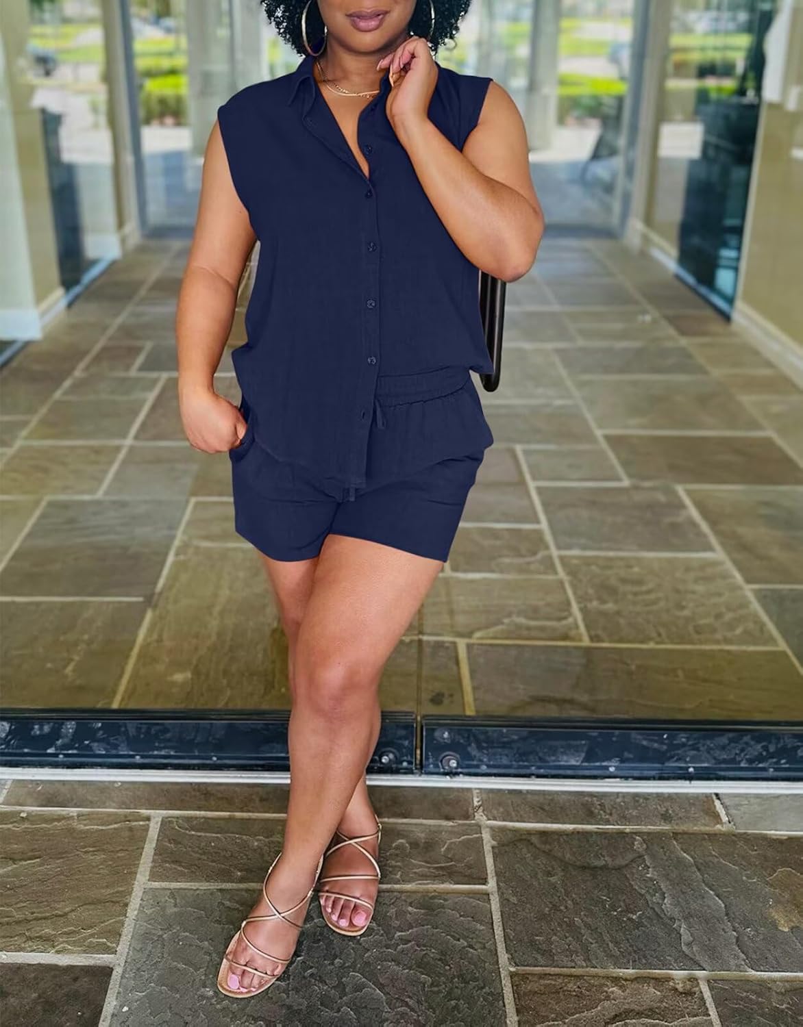 acelyn Womens 2 Piece Outfits Summer Sleeveless Button Down Shirt Tops Shorts Sets Resort Wear Lounge Beach Casual Tracksuits - Image 5