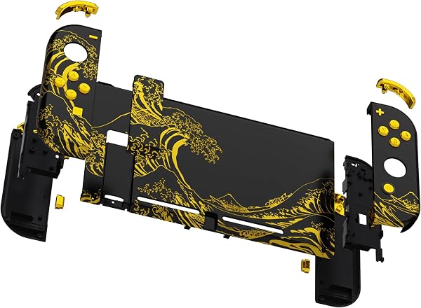 eXtremeRate Coque Remplacement avec Boutons Complete pour Nintendo Switch, Etui pour Switch Console Joycons-The Great Golden Wave Off Kanagawa Noir - 4